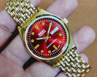 Vintage Seiko Automatic Diver 200m Watch, Gold Tone, Red Dial, Japan Made