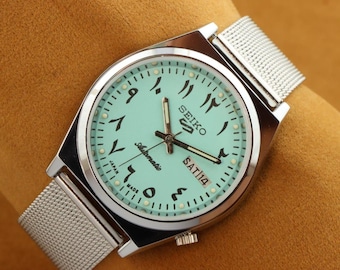 Vintage restaurierte Seiko 5 türkises Zifferblatt Herren Armbanduhr 37.5 mm ..einzigartige Farbe