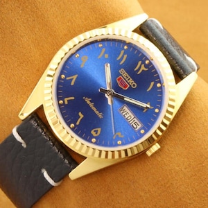 Vintage refurbished Seiko 5 blue arabic elegant dial golden men&#39;s working wrist watch 35mm..