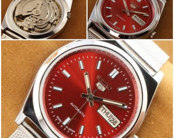 Seiko 5 montre-bracelet automatique 37,5 mm, robe unisexe, cadran rouge, cadeau vintage pour elle