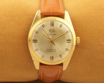 Original TIMESTAR winding 17j Mens Working Wrist Watch Serviced RECENTLY 32MM NO42 collection classy golden dial