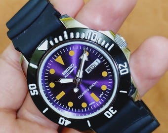 Vintage Seiko 5 Automatic Men's Watch, Purple Dial, Divers Style