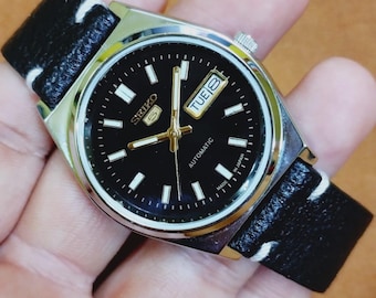 Vintage Seiko 5 Automatic Watch, Silver Dial, Leather Strap (37.5mm)