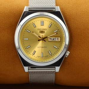Vintage refurbished Seiko 5 golden dial men&#39;s working wrist watch 37.5mm