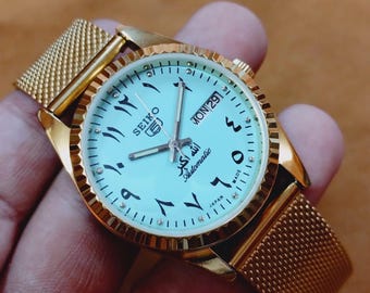 Vintage automatic Seiko 5 arabic turquoise dial golden men's working wrist watch 37.5mm...japan made retro
