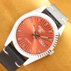Vintage refurbished Seiko 5 orange elegant dial men&#39;s working wrist watch 35mm