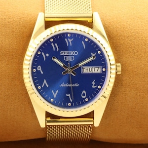 Vintage refurbished Seiko 5 golden blue arabic dial men&#39;s working wrist watch 35mm