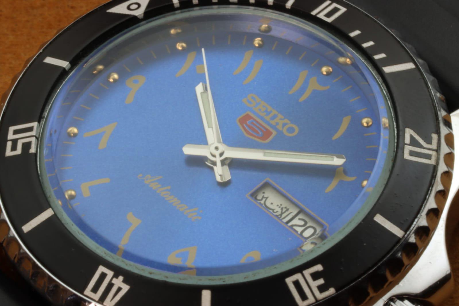 中古再生品 セイコー5 ブルーアラビア数字文字盤 メンズ腕時計 40mm
