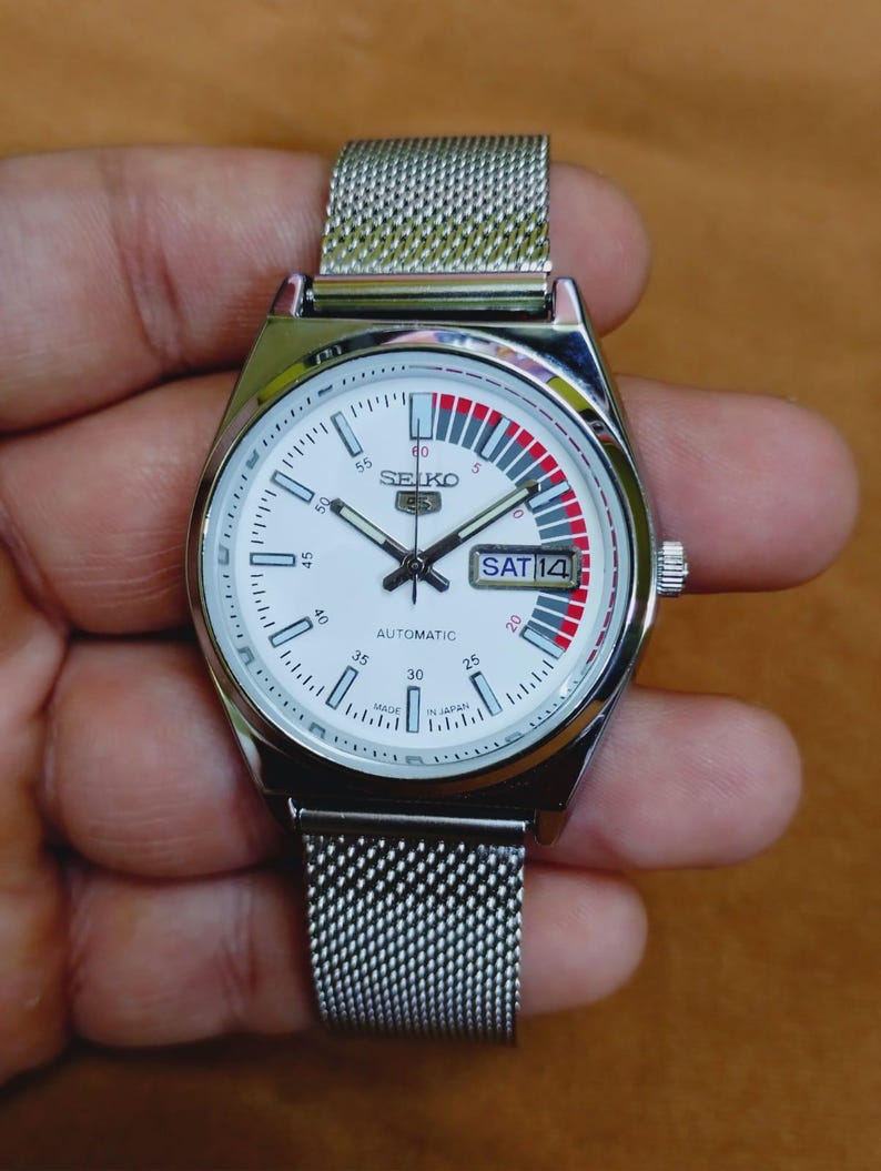 Seiko Racing Wstch Vintage Automatic Seiko 5 White Racing Dial Authentic Stainless Steel ...