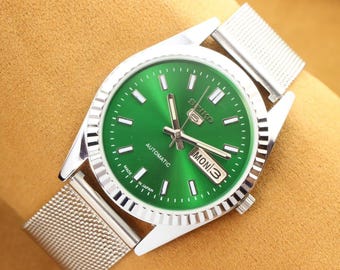 Vintage Seiko 5 Wrist Watch, Refurbished Green Dial, 35mm