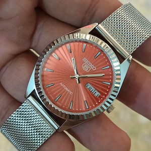 Vintage refurbished Seiko 5 orange elegant dial men&#39;s working wrist watch 35mm