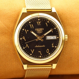 Vintage refurbished Seiko 5 golden black arabic dial men&#39;s working wrist watch 37.5mm