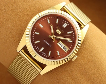 Vintage Seiko 5 Automatic Watch, Golden Brown Dial, 35mm