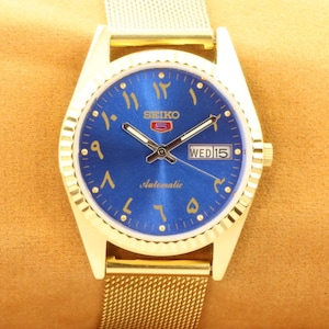 Vintage refurbished Seiko 5 golden blue arabic dial men&#39;s working wrist watch 35mm
