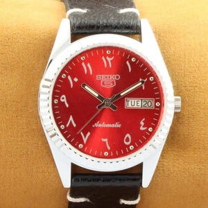 Vintage refurbished Seiko 5 red arabic elegant dial men&#39;s working wrist watch 35mm