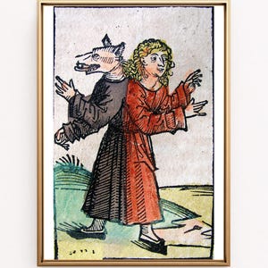 May include: A framed print featuring a medieval illustration of a figure with a wolf's head and a person in a red robe. The artwork is in a vintage style with a gold frame, showcasing a unique historical theme.
