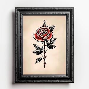 Vintage Tattoo Style Red Rose Digital Art Print - Tattoo Illustration for Home Decor - Instant Downloadable Floral Art Enthusiasts 23 Sizes