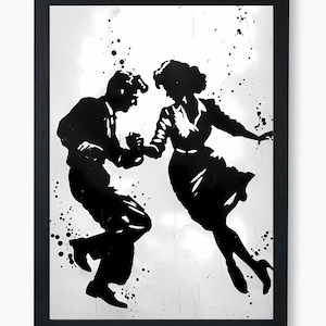 Swing Dance Silhouette, Black & White Dancing Couple, Modern Ink Splatter, Jazz Dance, Digital Download, High Resolution, 23 Sizes