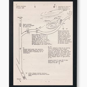 May include: A black and white diagram depicting the Socorro Incident of April 24, 1964. The diagram shows the path of a speeding car and the location of a mysterious object that was sighted. The diagram includes text describing the events of the incident.