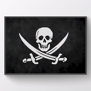 May include: A black and white pirate flag with a skull and crossbones design. The skull has a white outline and is set against a black background.