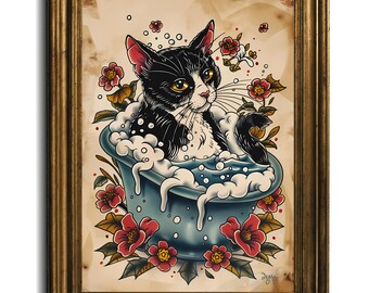 ヴィンテージ猫のバスタイムデジタルアートプリント：黒と白の猫の