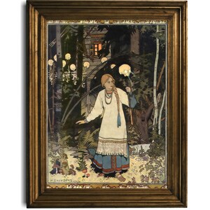 Puede incluir: Una impresión enmarcada de una mujer con un vestido blanco sosteniendo un orbe brillante en un entorno forestal. La obra de arte, en un marco dorado, es una ilustración detallada con un tema místico y un toque de fantasía.