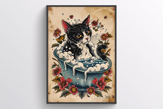 ヴィンテージ猫のバスタイムデジタルアートプリント：黒と白の猫の