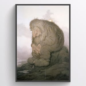Sleeping Troll Art Print: Digital Download of Theodor Kittelsen&#39;s Vintage Norwegian Folklore Illustration, Mystical, Fantasy Décor, 21 Sizes