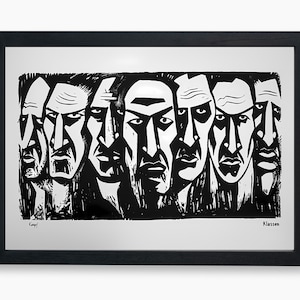 Monochrome Abstract Faces Kampf Klassen Design, Digital Download - 23 Sizes, Black & White Linocut Style, Modern Expressive Sharp Lines