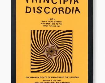 Portada del libro surrealista Principia Discordia: diseño en espiral vintage para decoración ecléctica del hogar, descarga digital en 20 tamaños