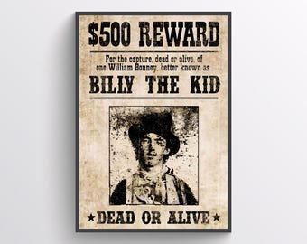 Billy the Kid Wanted Poster - Historic Wild West Outlaw Digital Print, Crime Art, Aged Texture Finish for Authentic Look, Digital Download
