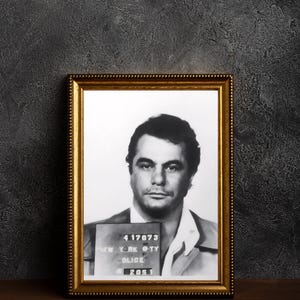 May include: Black and white mugshot of a man in a framed photo. The photo shows the man's face and shoulders. The photo is in a gold frame with a white mat. The photo has the text "4 17073 NEW YORK CITY POLICE 2051" printed on the bottom.