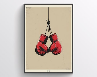 Puede incluir: Una ilustración de estilo vintage de un par de guantes de boxeo rojos colgando de una cuerda. Los guantes están sobre un fondo beige con una textura desgastada.