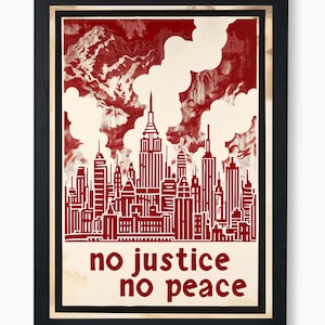 Retro City Skyline Poster, Digital Download - 23 Sizes, No Justice No Peace Anti capitalism, Vintage Red Clouds Textured Background, Leftist