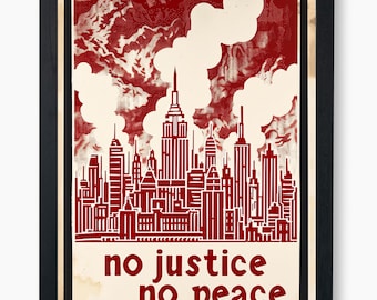 Retro City Skyline Poster, Digital Download - 23 Sizes, No Justice No Peace Anti capitalism, Vintage Red Clouds Textured Background, Leftist
