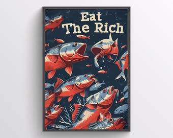 EAT THE RICH Fish Digital Download - 23 Sizes Red & Blue Animated Ocean Poster, Vintage Style Protest Digital Artwork, Anticapitalism