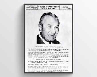 Joseph Bonanno wanted poster, crime leader, mafia boss, NYC Police Circular, True Crime Printable, Historic Police Notice, Digital Download