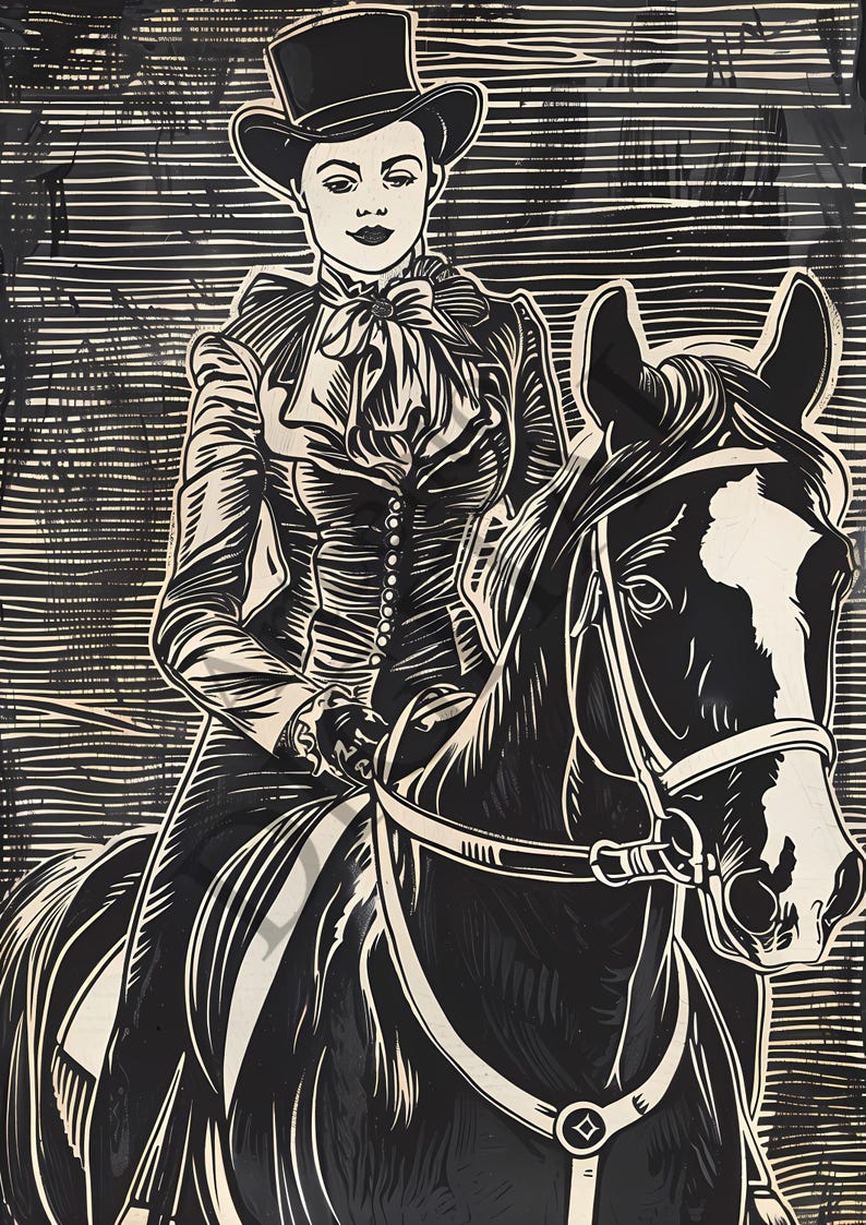 Victorian Woman Horse Riding Digital Art Print, Vintage Style Linocut ...