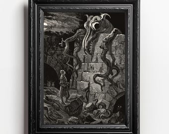 May include: A black and white illustration of a monstrous creature with tentacles emerging from a stone wall. A person in a long coat stands in the foreground, looking up at the creature.