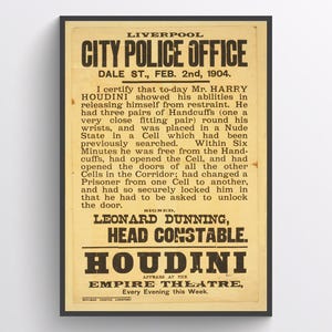 Vintage Houdini Escape 1904 Poster Digital Download 11 Sizes - Authentic Magic History Collectible Art Print - Unique Gift for Magicians