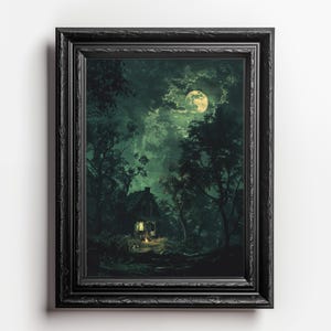 Digital Art Print - Mystical Night Scenery with Moonlit Glow, Rustic Home, Dark Academia Wall Decor, Serene Greenish Landscape, Download