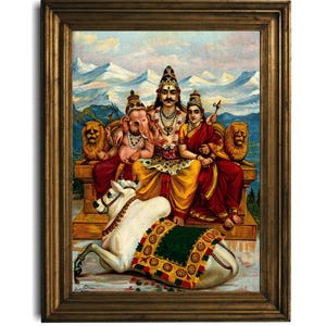 Armonía familiar divina: descarga digital: impresión en 20 tamaños de las deidades hindúes Shiva, Parvati y Ganesha con arte decorativo vibrante Nandi