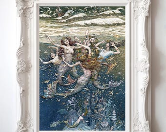 Underwater Mermaid Illustration - Magical Undersea City, Art Print - Fairy Tale & Fantasy Digital Download for Whimsical Home Decor 12 Sizes