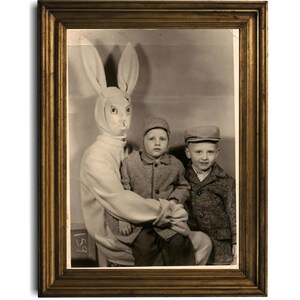 Vintage Black & White Easter Photo: Children with Bunny, Retro Vintage cabinet card photo, Creepy Easter Bunny Costume Art, Digital Download