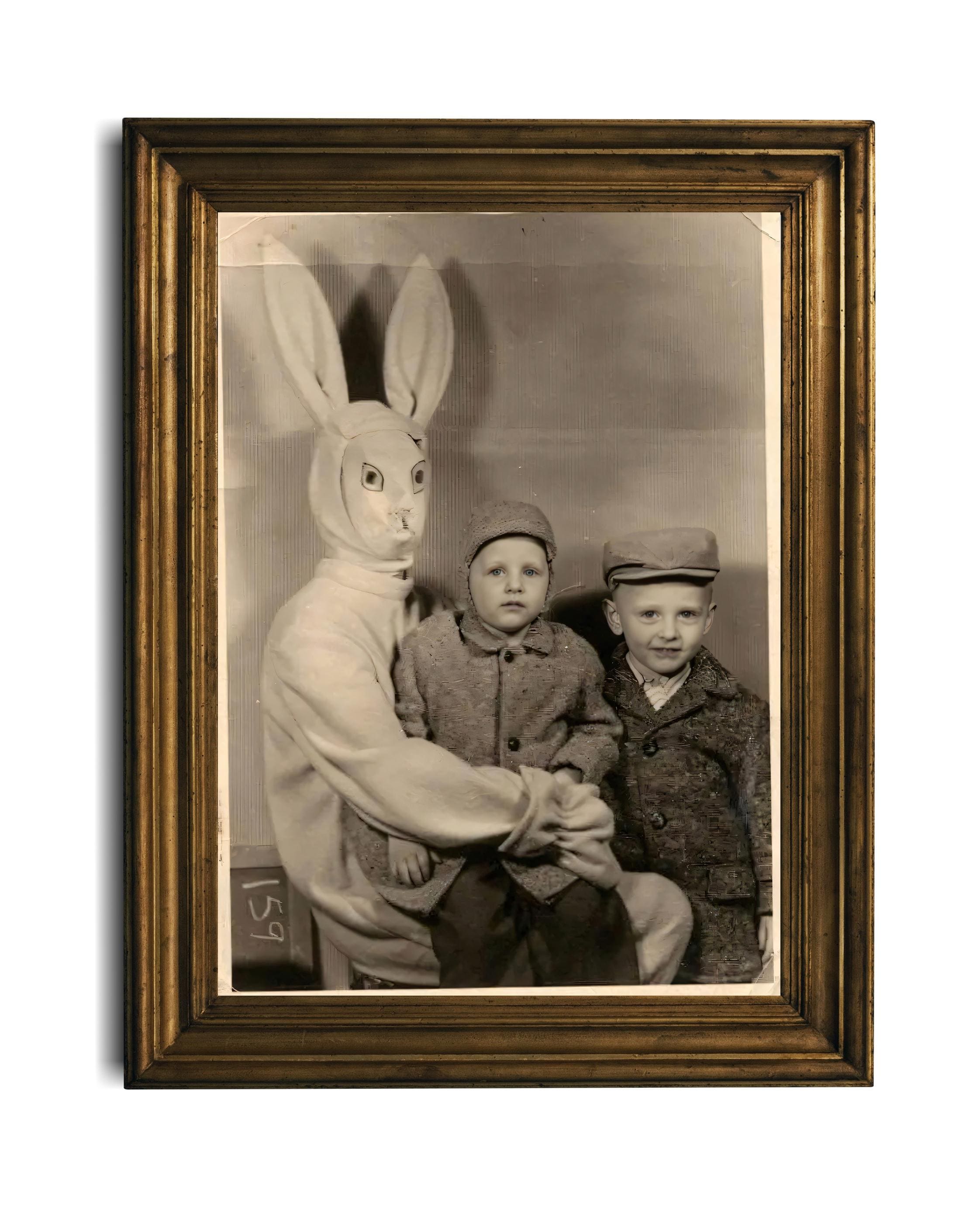 ベビープランター　ヴィンテージ　レトロ　うさぎ　イースターバニー ヴィンテージの白黒イースター写真：ウサギと子供たち、レトロな