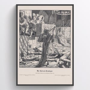 Engraving Art Print - Grim Reaper & Skeleton Scene with Dark Memento Mori Theme - Epidemic - Gothic Illustration - Plague Poster Download