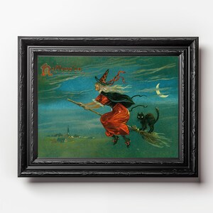 Vintage Hexe & schwarze Katze fliegen auf Besen Postkarte Kunst - Halloween Magie Druck digitaler Download - Retro Witchy Dekor, Geschenk für Sie