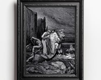 May include: A black and white illustration of a scene from Dante's Inferno.  The image depicts a group of people in a boat, with one person reaching out to another in the water.  The scene is set against a backdrop of a stormy sea and a rocky cliff.