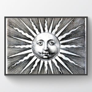 Vintage Sun Face, Monochrome Engraved Sun Illustration, Sunburst Wall Art, Celestial Sun Face, Digital Download, High Resolution, 11 Sizes