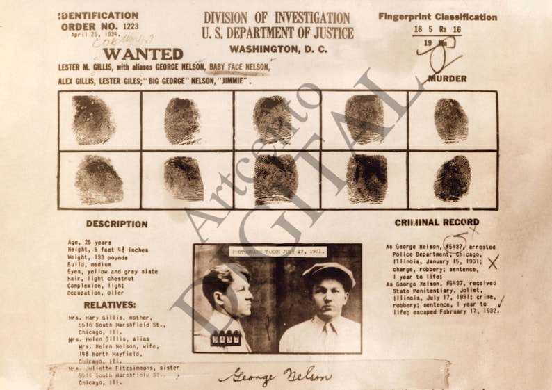 May include: A black and white wanted poster with a photograph of a man, fingerprints, and a description of the man. The poster states "Identification Order No. 1223" and "Wanted". The poster also includes the man's aliases, "George Nelson, Baby Face Nelson, Lester M. Gillis, Alex Gillis, Lester Giles, Big George Nelson, Jimmie". The poster also includes a criminal record for the man.